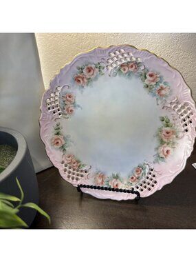 Antique Hand Painted Roses Porcelain Reticulated Plate Signed Helen Ellsworth